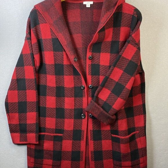 J. Jill Duster Hooded Cardigan Sweater Size M Red‎ Black Buffalo Check Christmas - Picture 1 of 11